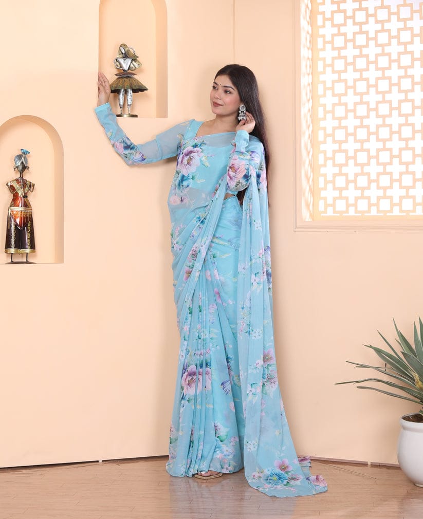 One Minute Ready To Cerulean Rose Pure Soft Georgette Silk Saree