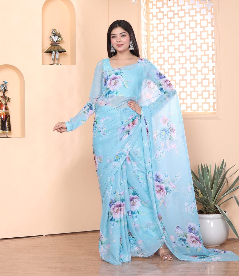 One Minute Ready To Cerulean Rose Pure Soft Georgette Silk Saree