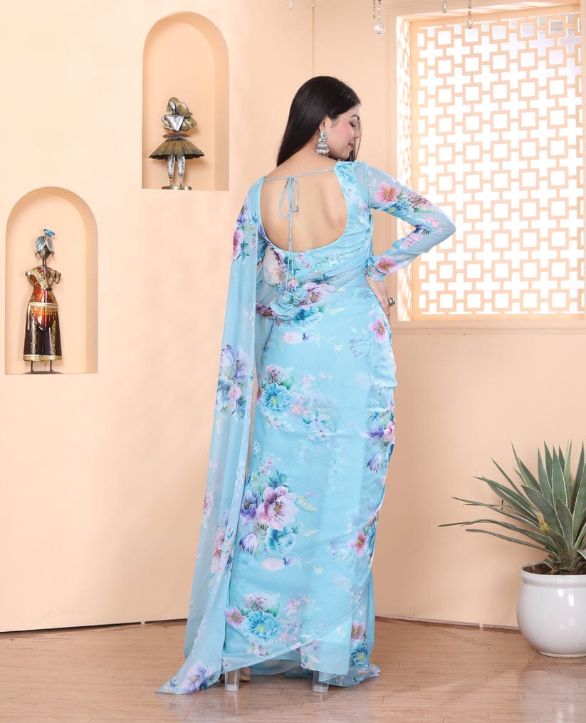 One Minute Ready To Cerulean Rose Pure Soft Georgette Silk Saree