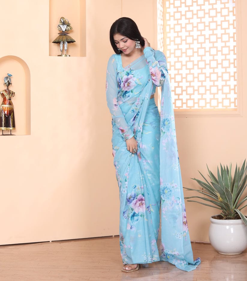 One Minute Ready To Cerulean Rose Pure Soft Georgette Silk Saree