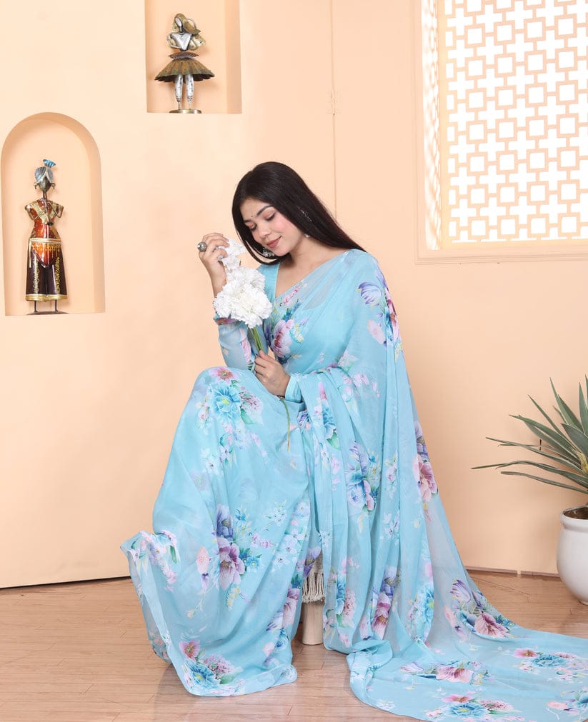 One Minute Ready To Cerulean Rose Pure Soft Georgette Silk Saree