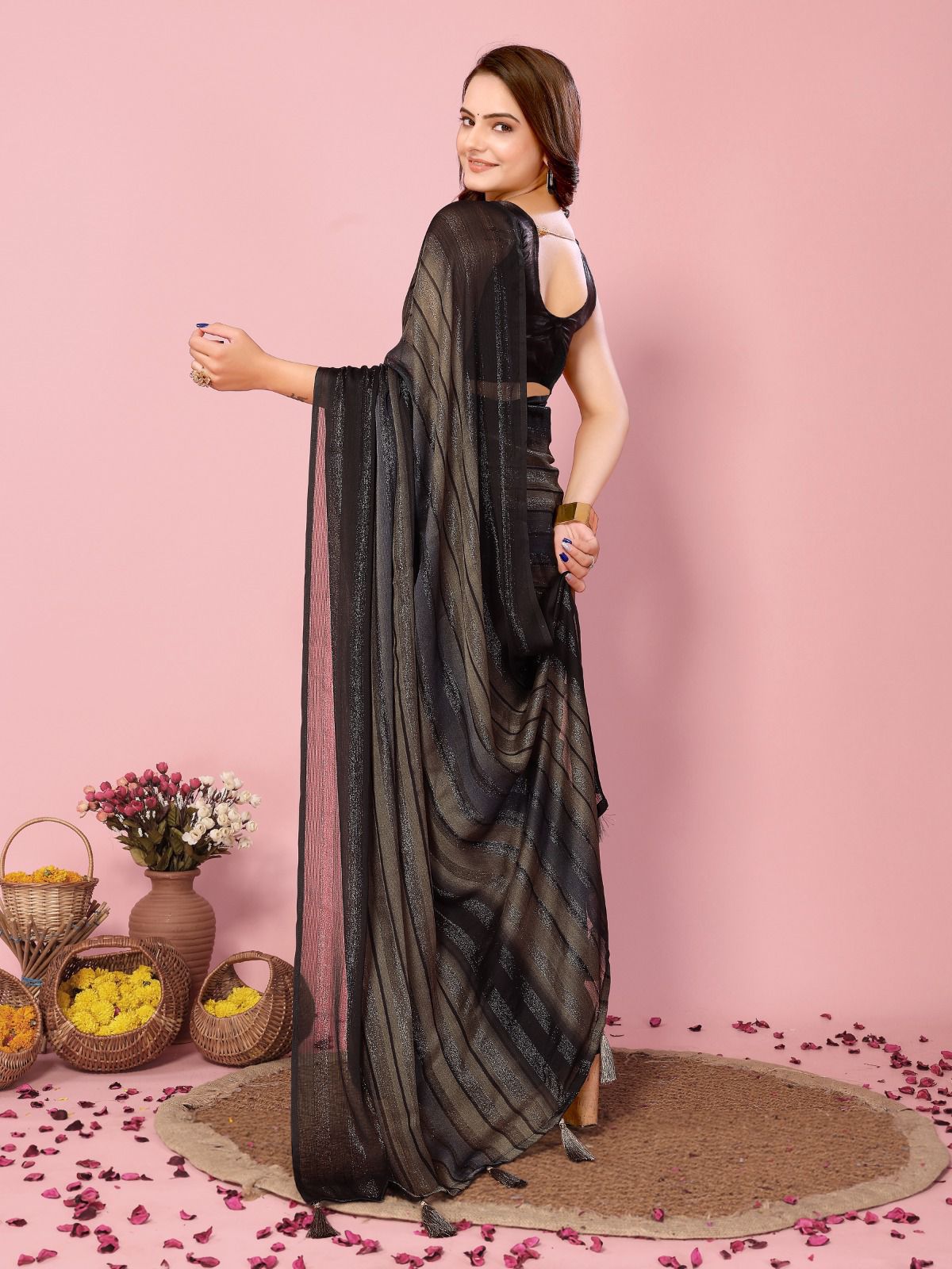 Heer One Minute Ready To Wear Light Brown-Black Saree With Unstiched Blouse