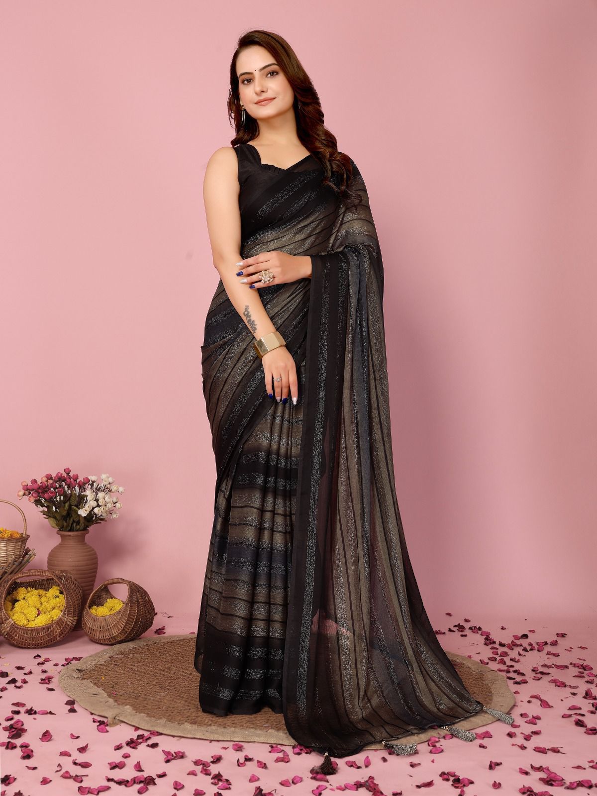 Heer One Minute Ready To Wear Light Brown-Black Saree With Unstiched Blouse