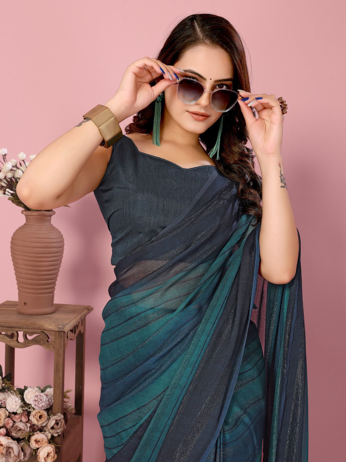 Heer One Minute Ready To Wear Dark Blue-Grey Saree With Unstiched Blouse