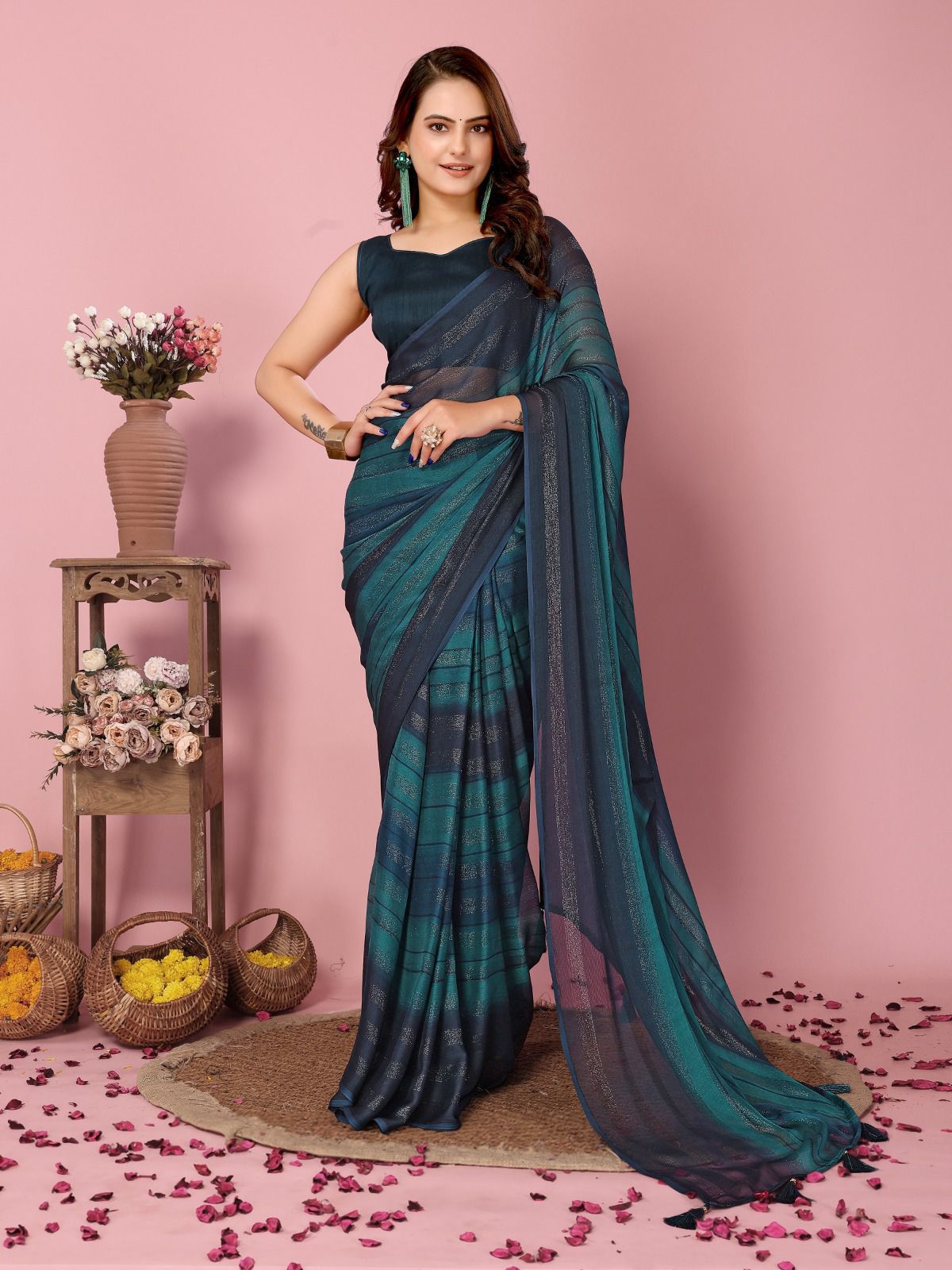 Heer One Minute Ready To Wear Dark Blue-Grey Saree With Unstiched Blouse