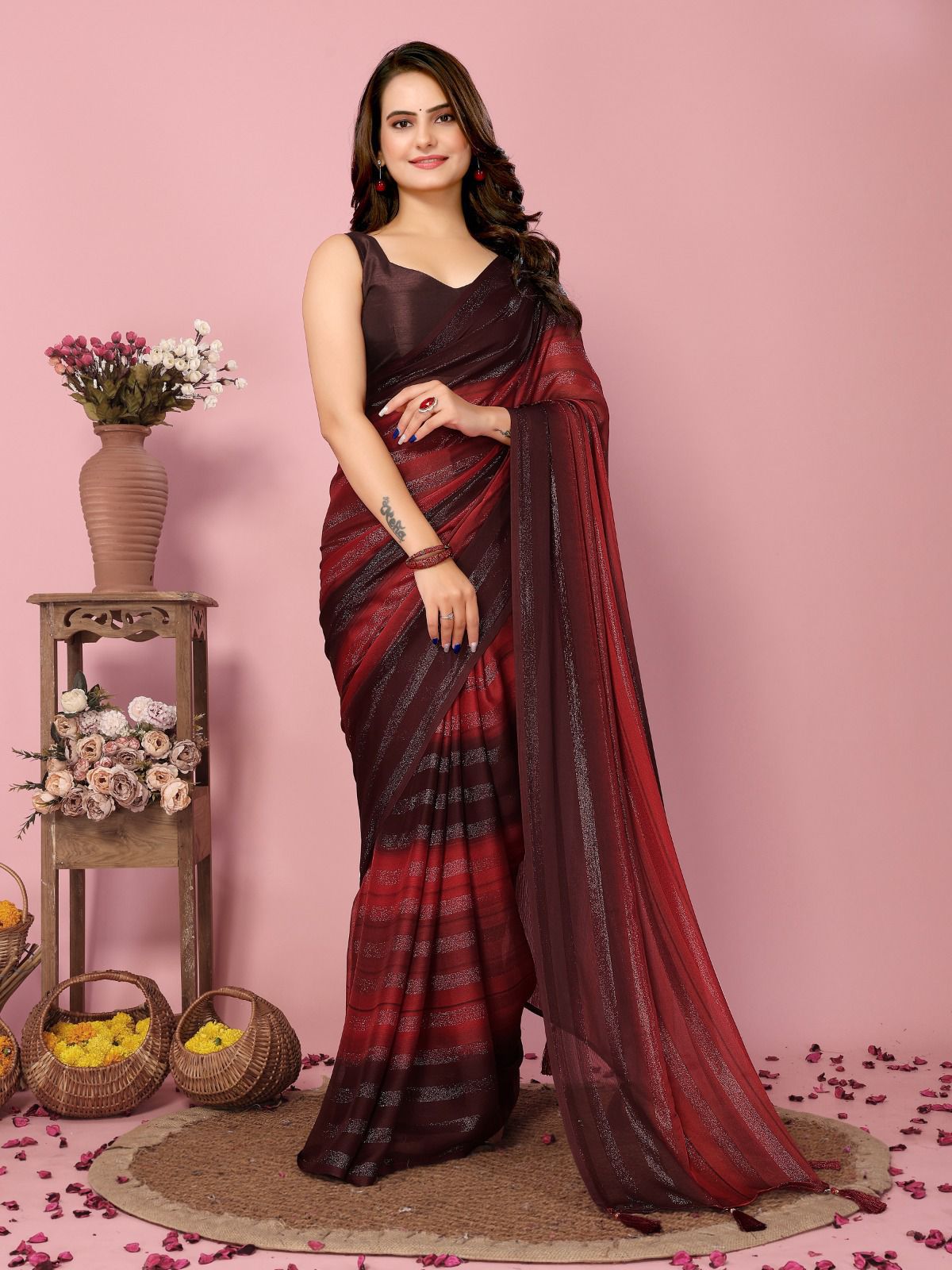 Heer One Minute Ready To Wear Red-Black Saree With Unstiched Blouse