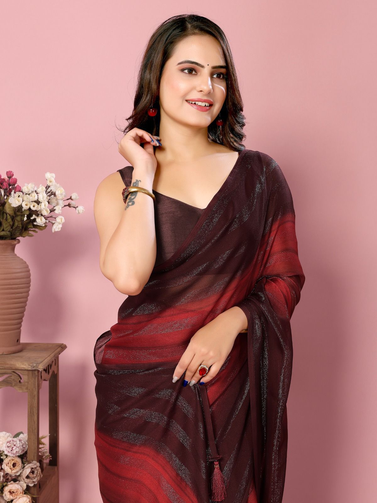 Heer One Minute Ready To Wear Red-Black Saree With Unstiched Blouse