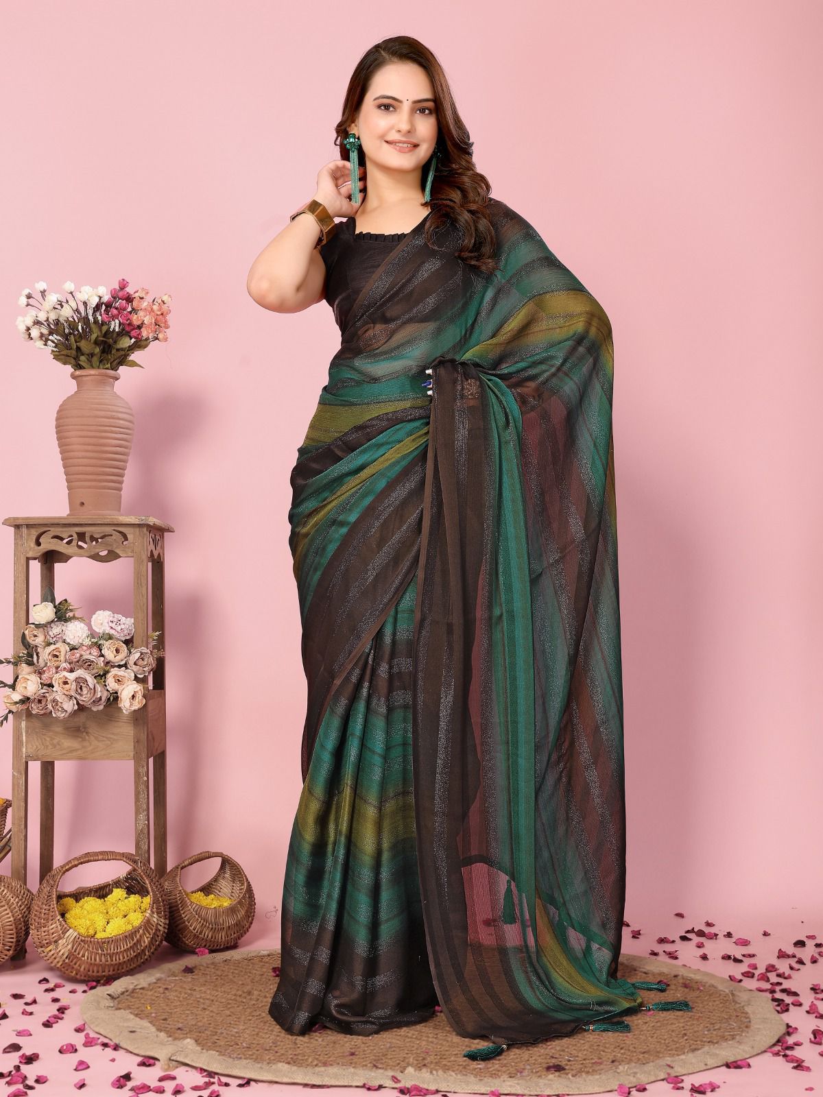 Heer One Minute Ready To Wear Green-Black Saree With Unstiched Blouse