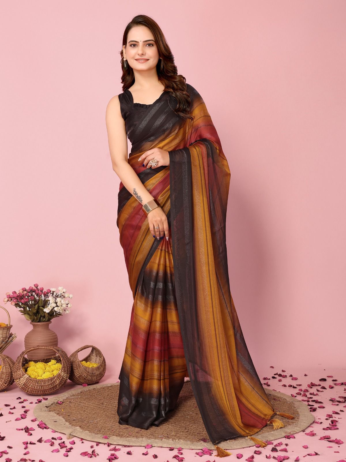 Heer One Minute Ready To Wear  Orange-Black Saree With Unstiched Blouse