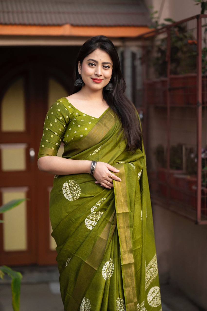 New Fancy Dola Cotton Mill Print Green Saree With Unstiched Blouse