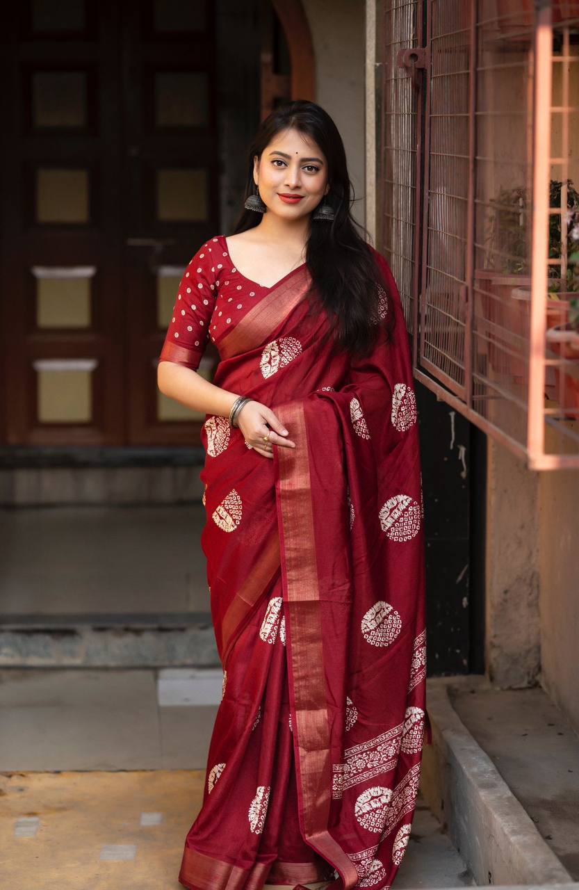 New Fancy Dola Cotton Mill Print Maroon Saree With Unstiched Blouse