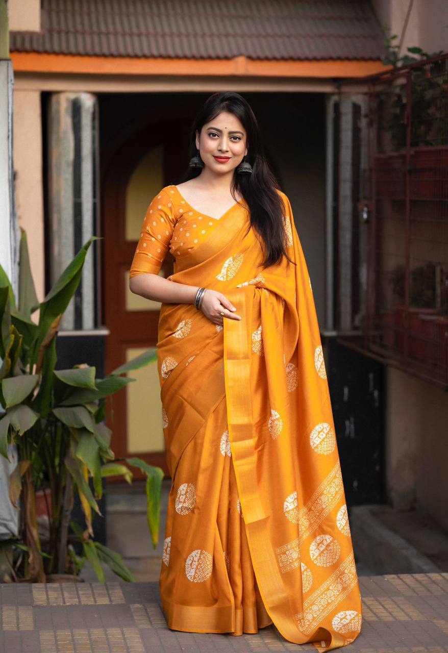 New Fancy Dola Cotton Mill Print Yellow Saree With Unstiched Blouse