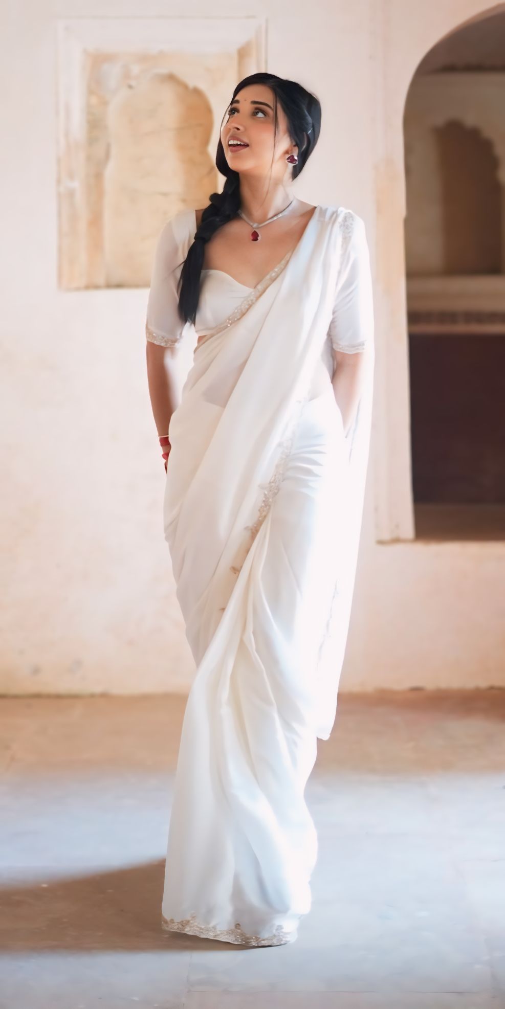 One Minute Ready To Wear Classic Graceful Elegance White Saree with Stitch Blouse