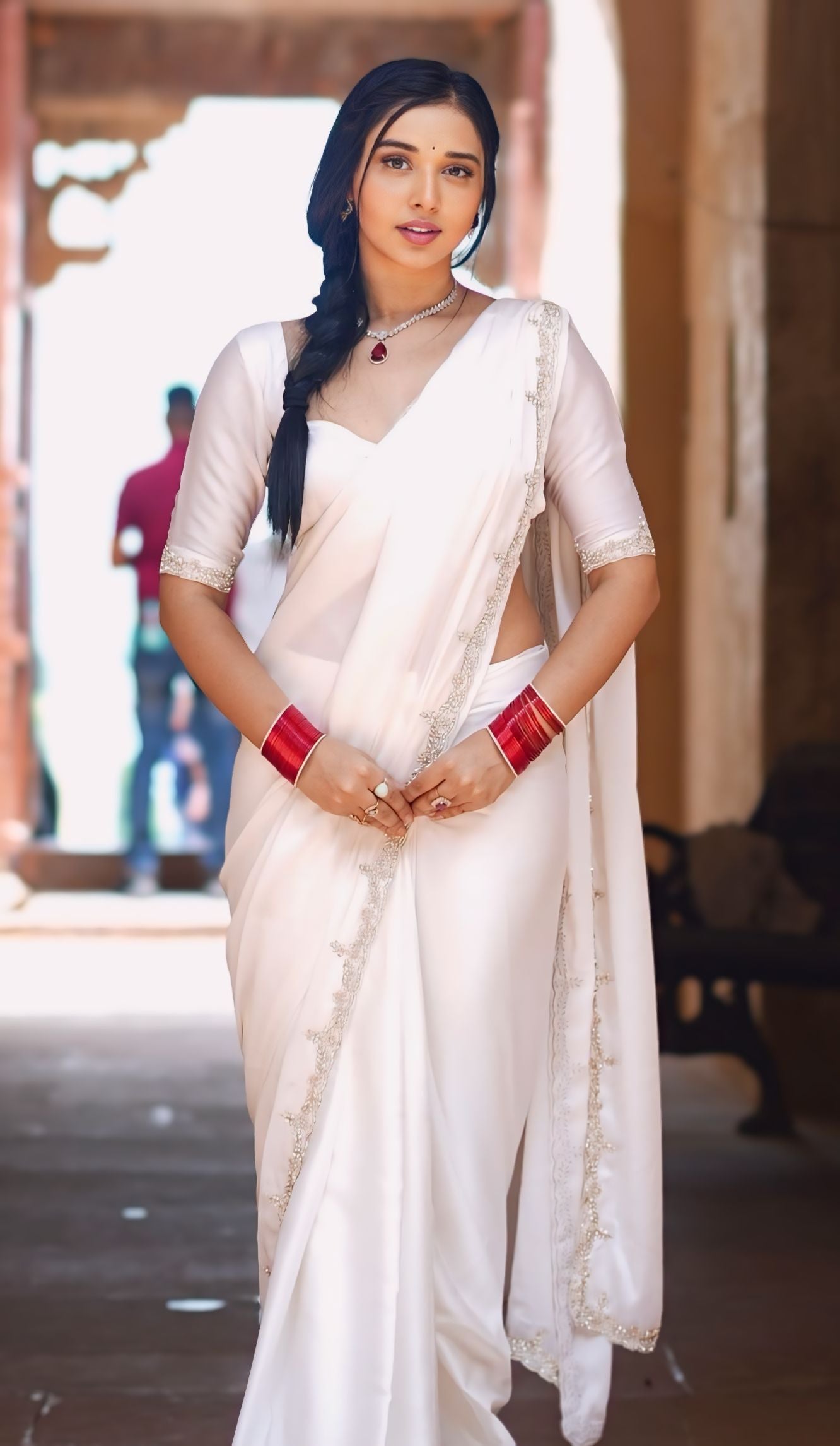 One Minute Ready To Wear Classic Graceful Elegance White Saree with Stitch Blouse