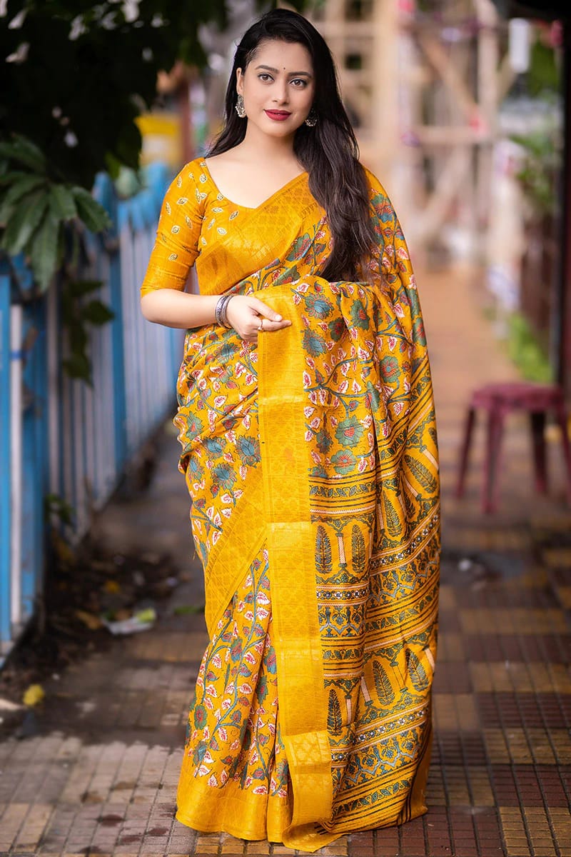 New Fancy Kalamkari Print & Jecard Kanjivaram Zari Boder Yellow Kanjivaram Saree With Unstiched Blouse