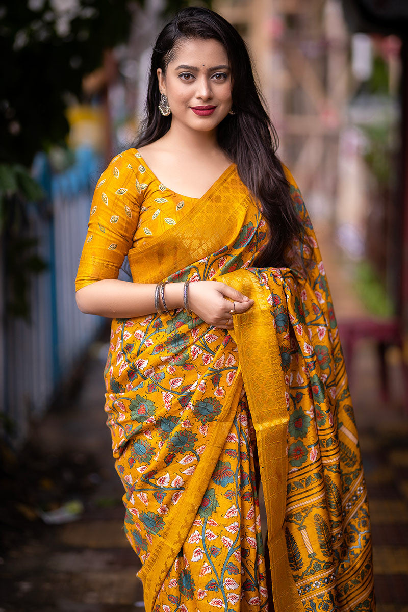 New Fancy Kalamkari Print & Jecard Kanjivaram Zari Boder Yellow Kanjivaram Saree With Unstiched Blouse