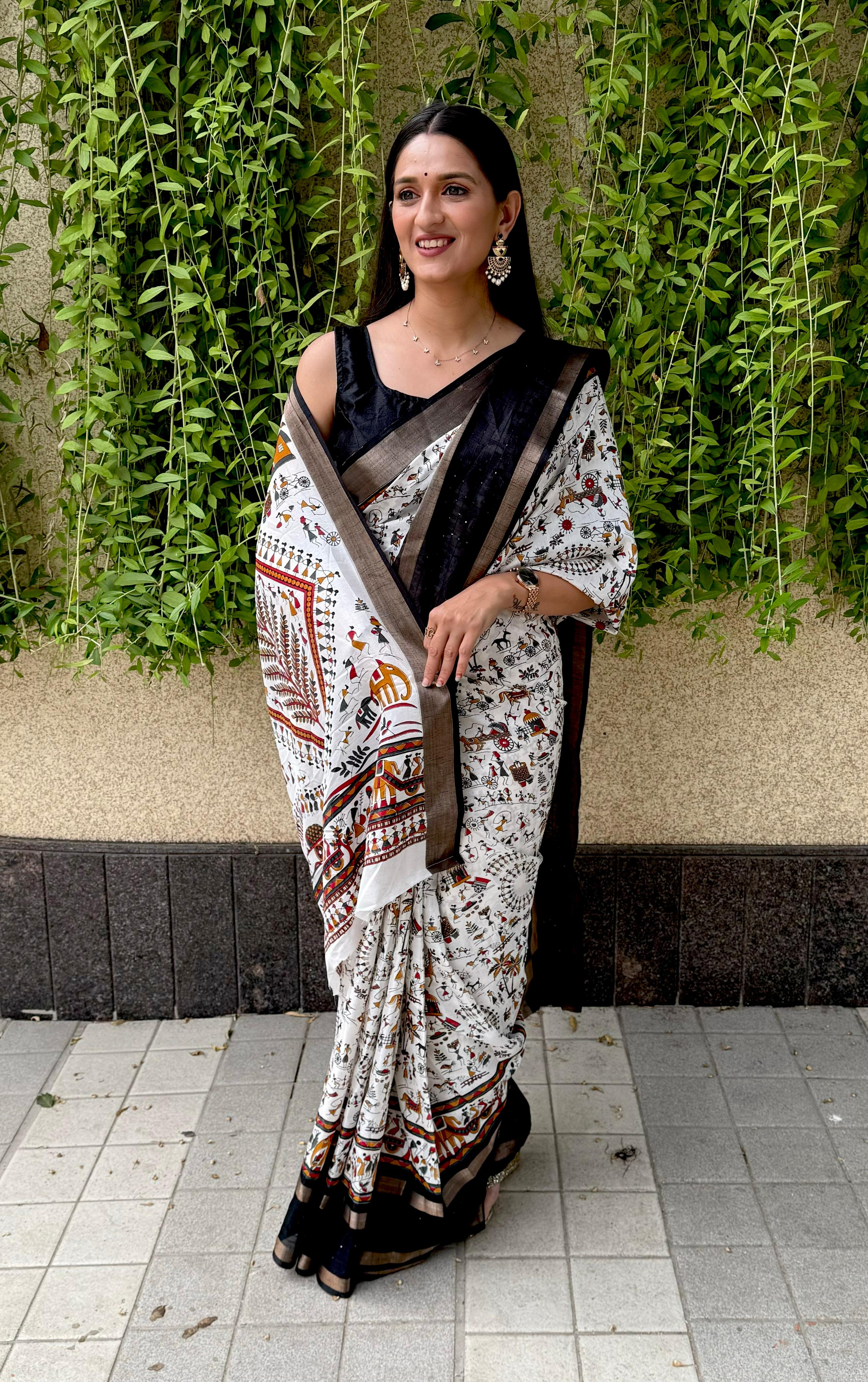 New Fancy Soft Cotton Kalamkari Print White Saree With Unstiched Blouse