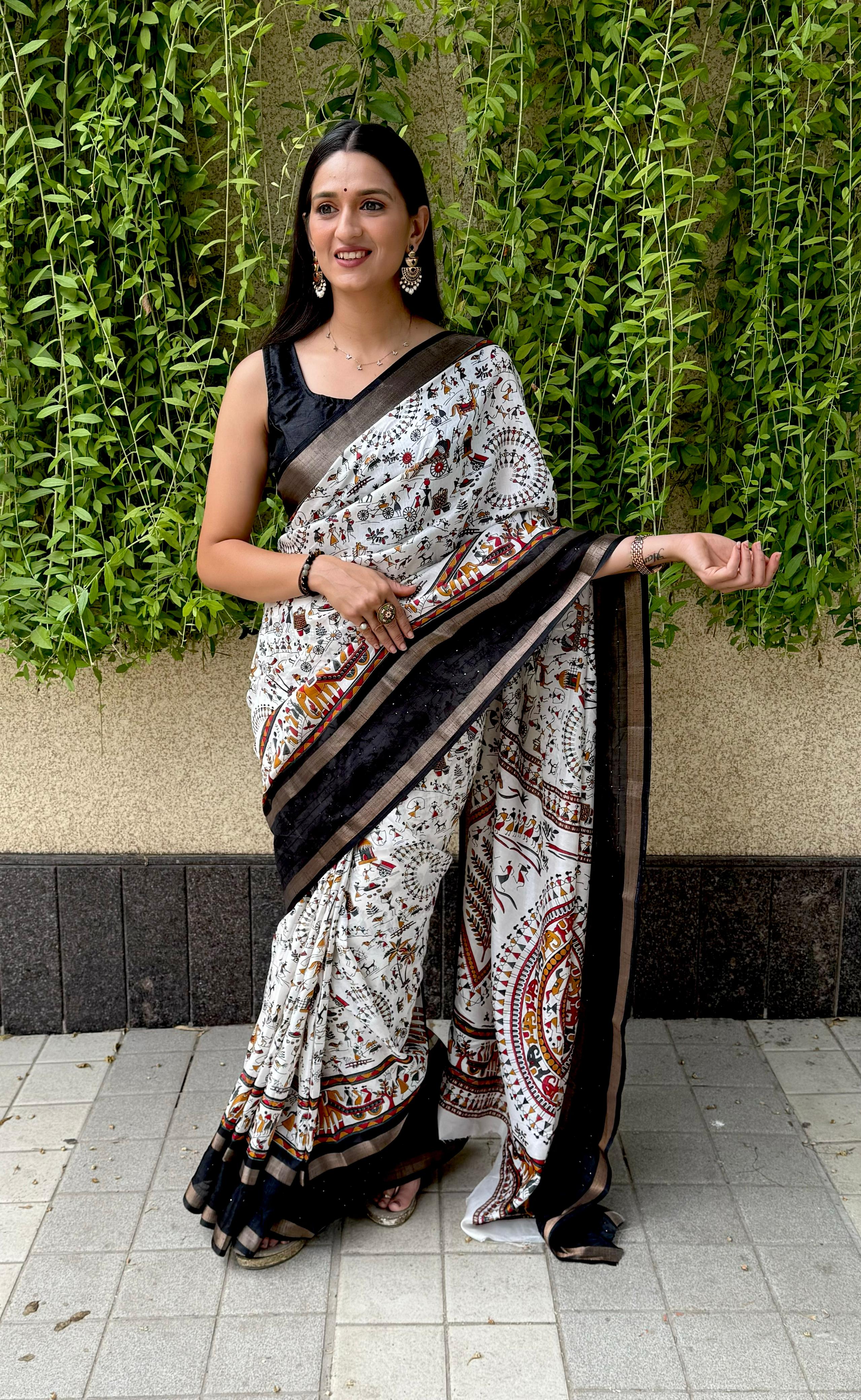 New Fancy Soft Cotton Kalamkari Print White Saree With Unstiched Blouse