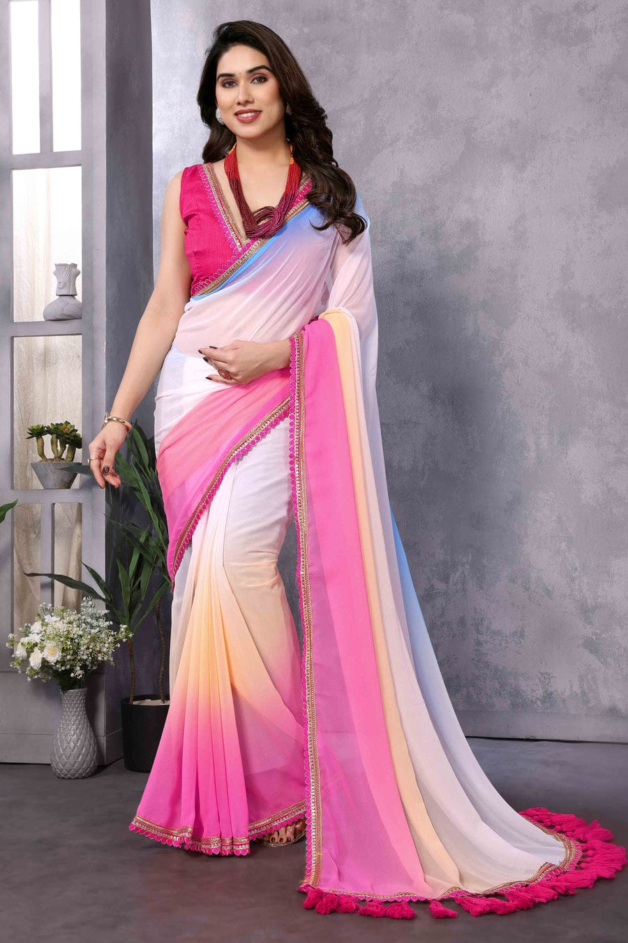 One Minute Ready To Wear Timeless Tradition Pink Delicate Contrast Saree with Unstitch Blouse