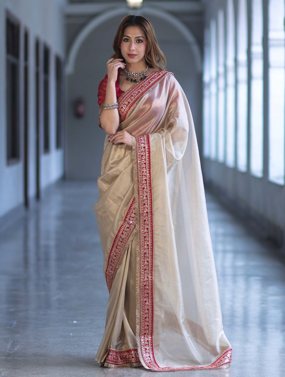 New Beautiful Beige Soft Twill Net Saree with Sequence & Dori Embroidery Work and Fancy Lace Border with Unstitched Blouse
