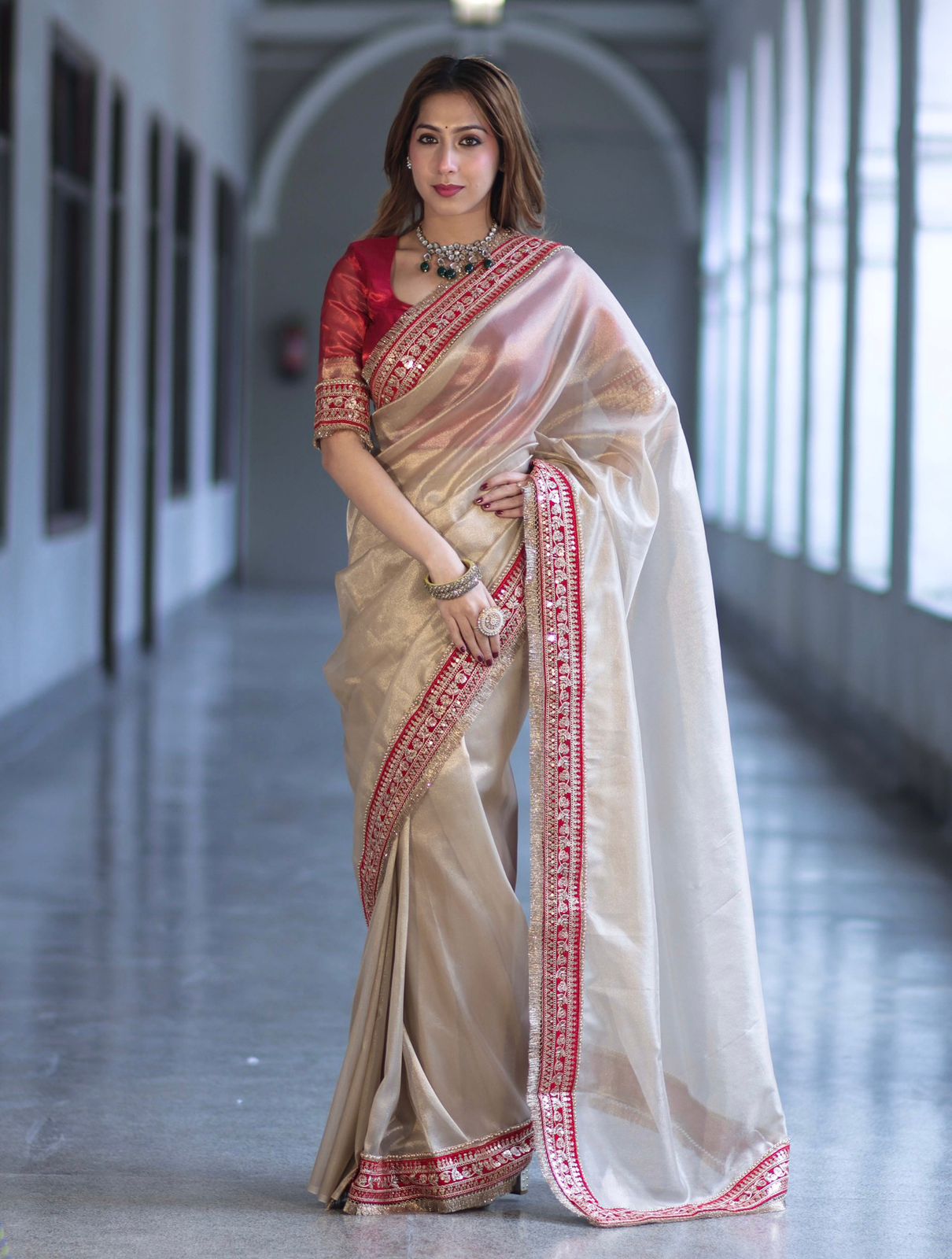 New Beautiful Beige Soft Twill Net Saree with Sequence & Dori Embroidery Work and Fancy Lace Border with Unstitched Blouse