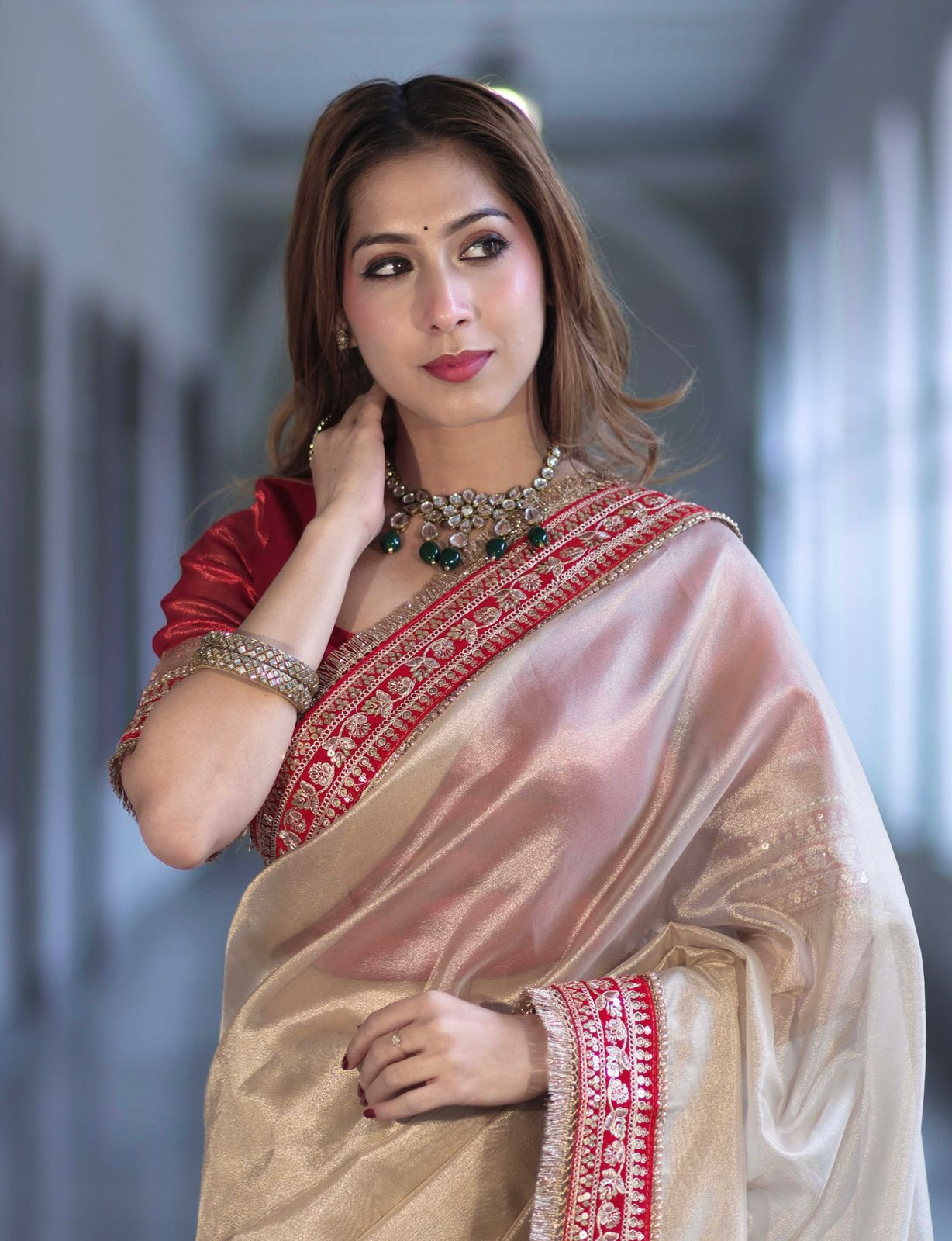 New Beautiful Beige Soft Twill Net Saree with Sequence & Dori Embroidery Work and Fancy Lace Border with Unstitched Blouse