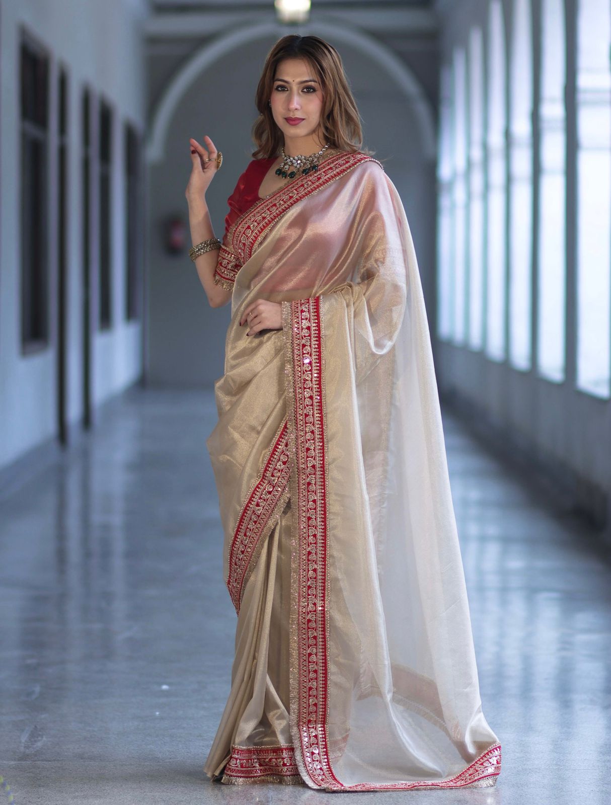New Beautiful Beige Soft Twill Net Saree with Sequence & Dori Embroidery Work and Fancy Lace Border with Unstitched Blouse