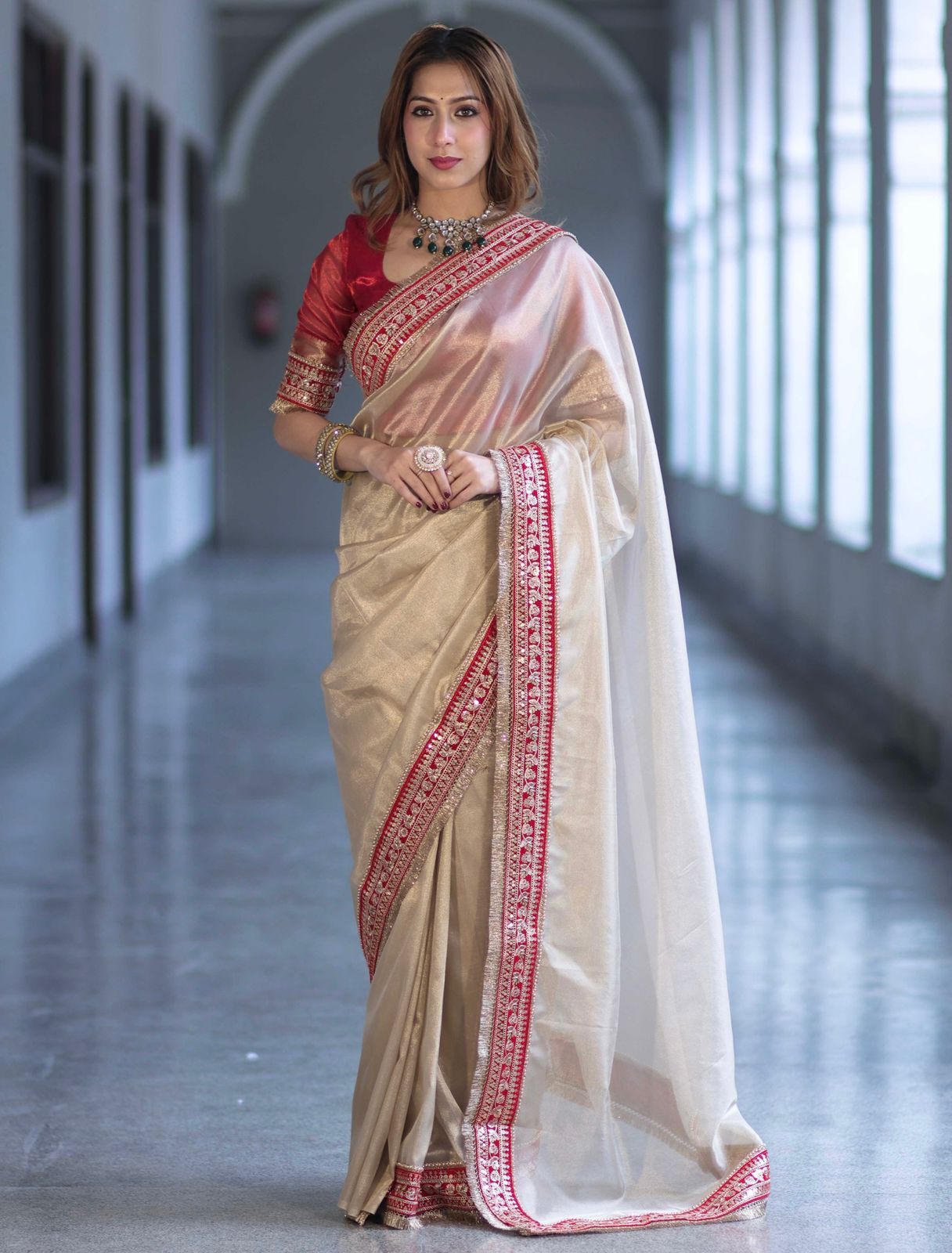 New Beautiful Beige Soft Twill Net Saree with Sequence & Dori Embroidery Work and Fancy Lace Border with Unstitched Blouse