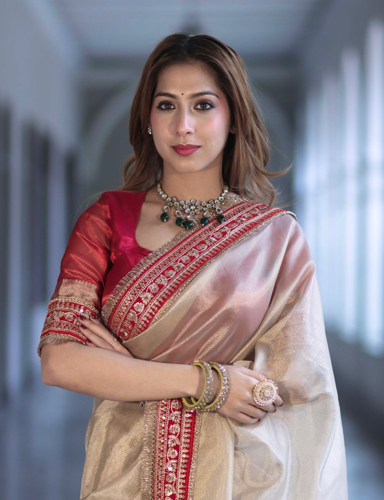 New Beautiful Beige Soft Twill Net Saree with Sequence & Dori Embroidery Work and Fancy Lace Border with Unstitched Blouse