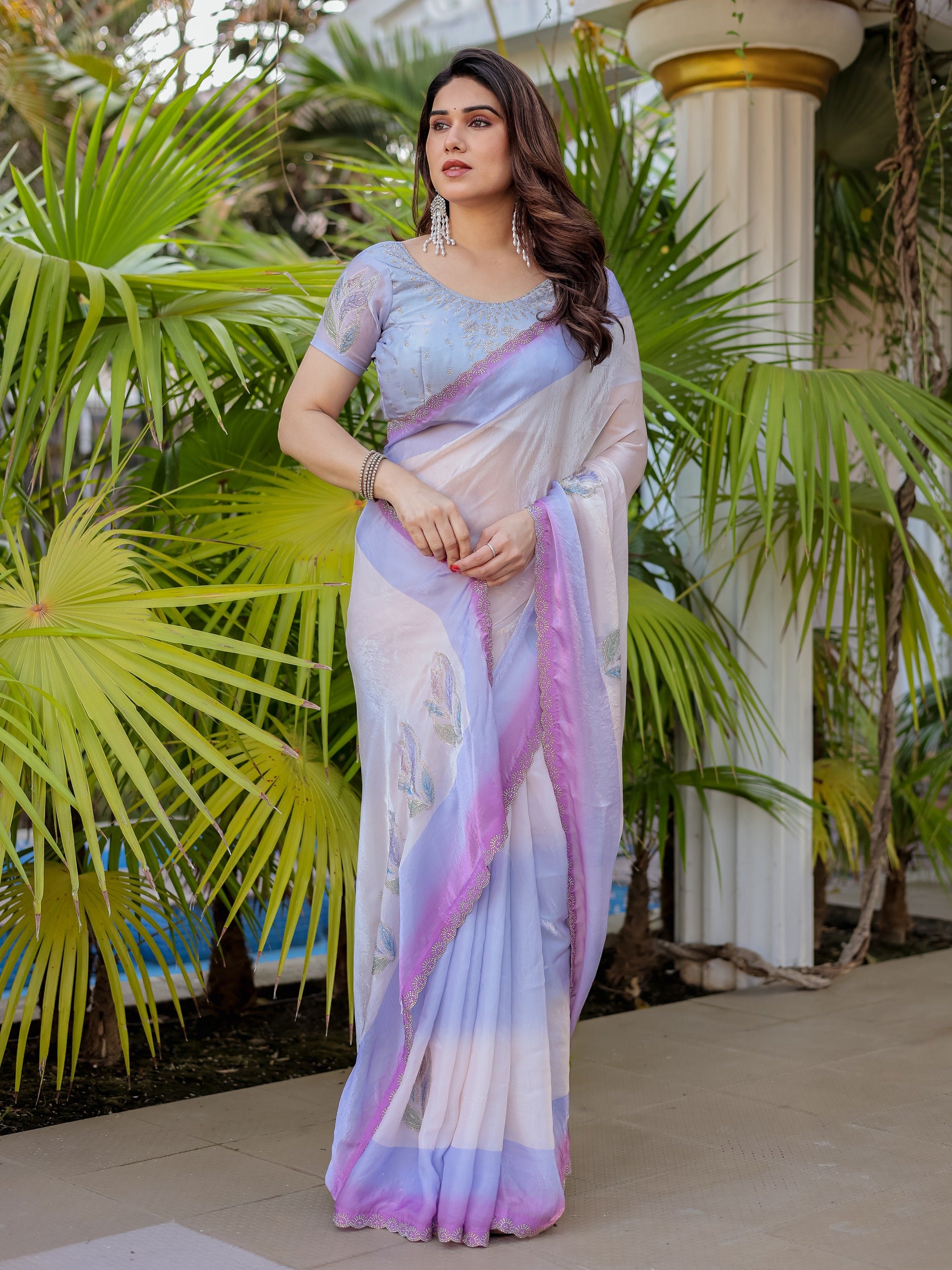 New Beautiful Pastel Ombre Self Textured Saree with Stone Work & Scalloped Designer Border with Unstitched Blouse