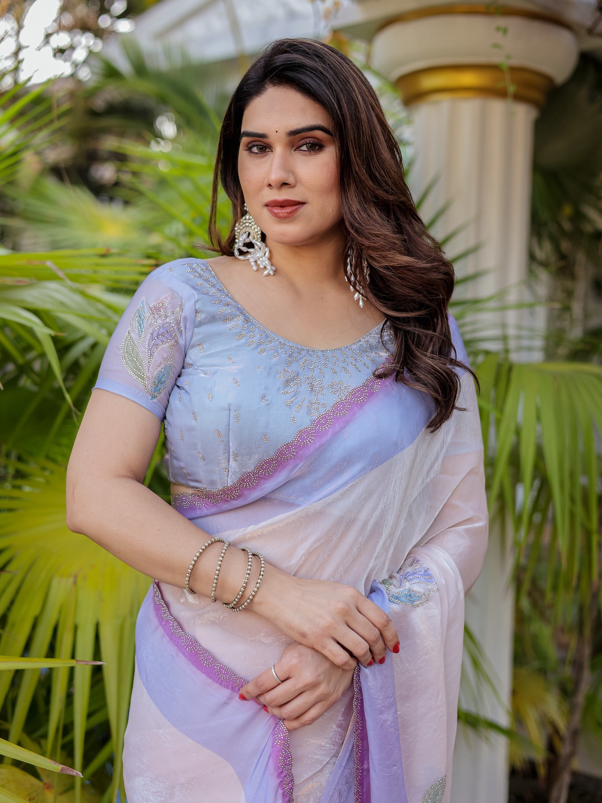 New Beautiful Pastel Ombre Self Textured Saree with Stone Work & Scalloped Designer Border with Unstitched Blouse