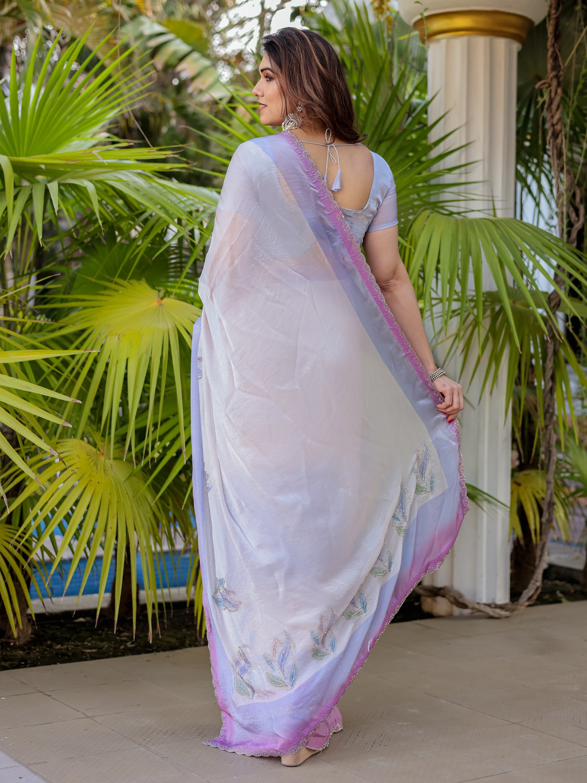 New Beautiful Pastel Ombre Self Textured Saree with Stone Work & Scalloped Designer Border with Unstitched Blouse