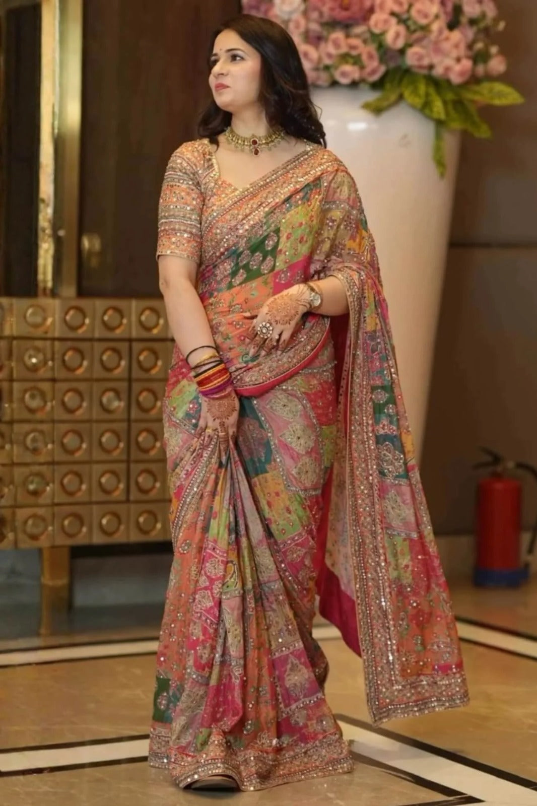 Premium Multicolor Chinon Silk Printed Mirror Work Designer Saree