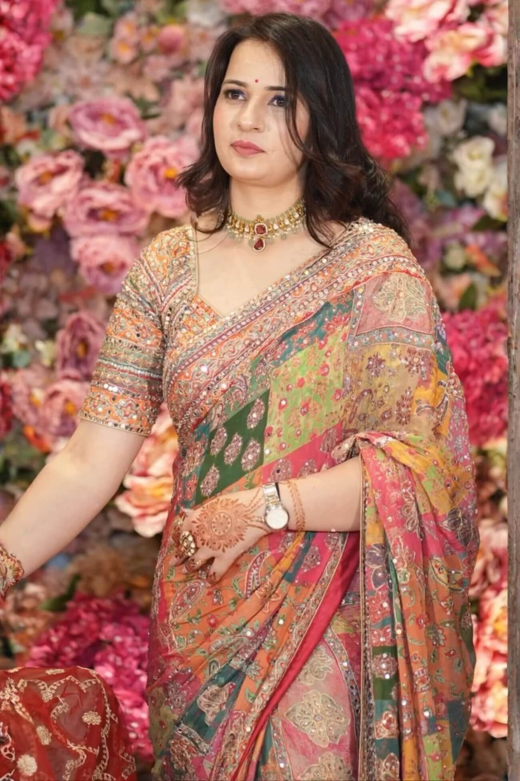 Premium Multicolor Chinon Silk Printed Mirror Work Designer Saree