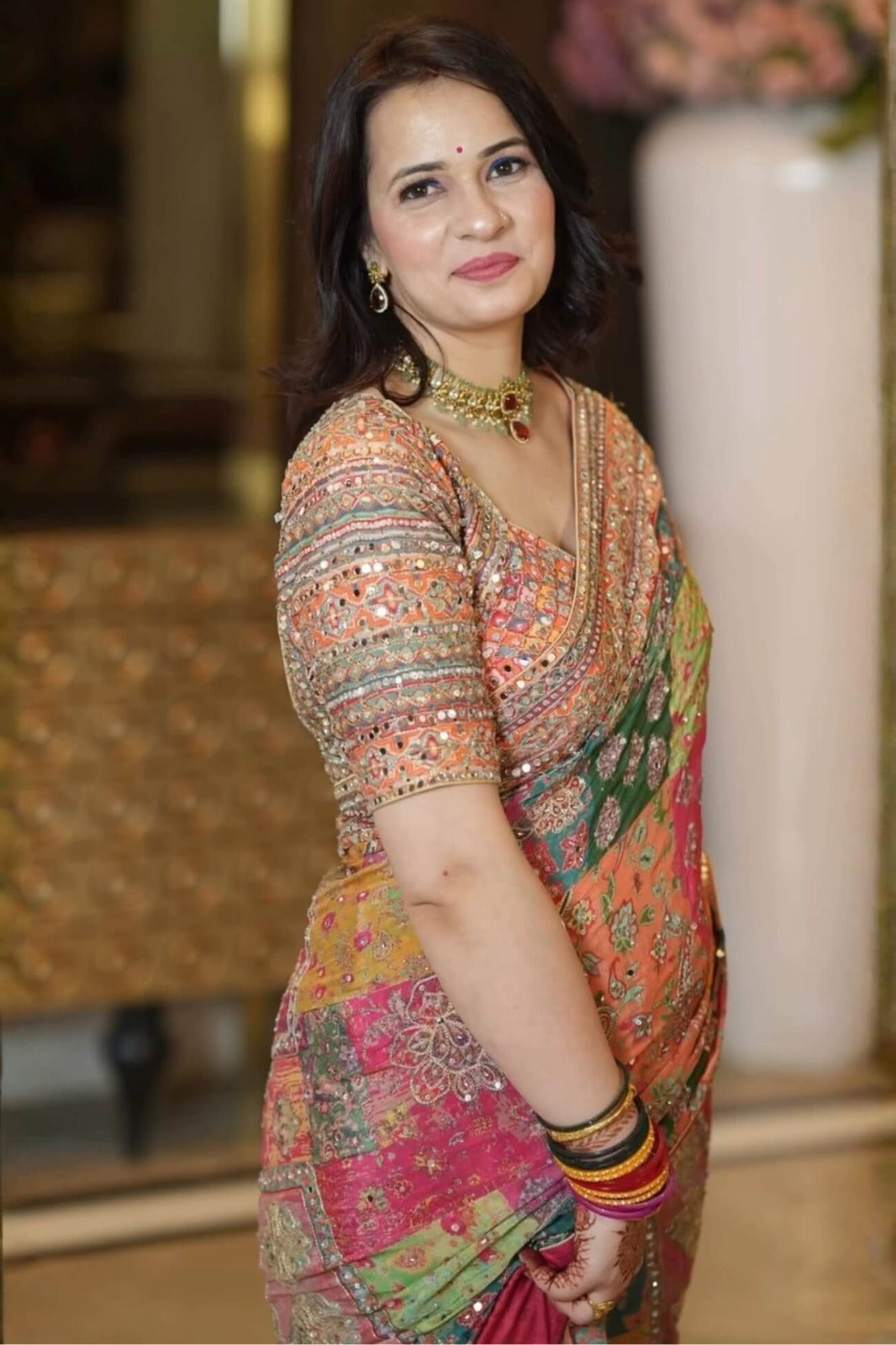 Premium Multicolor Chinon Silk Printed Mirror Work Designer Saree