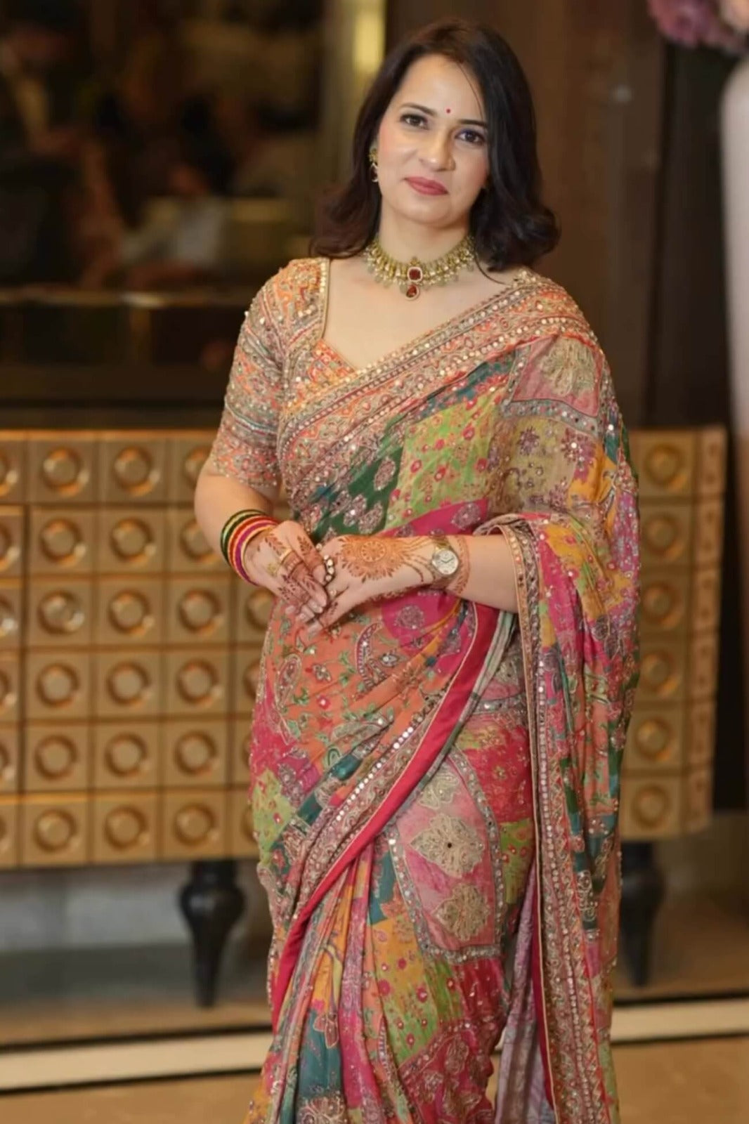 Premium Multicolor Chinon Silk Printed Mirror Work Designer Saree
