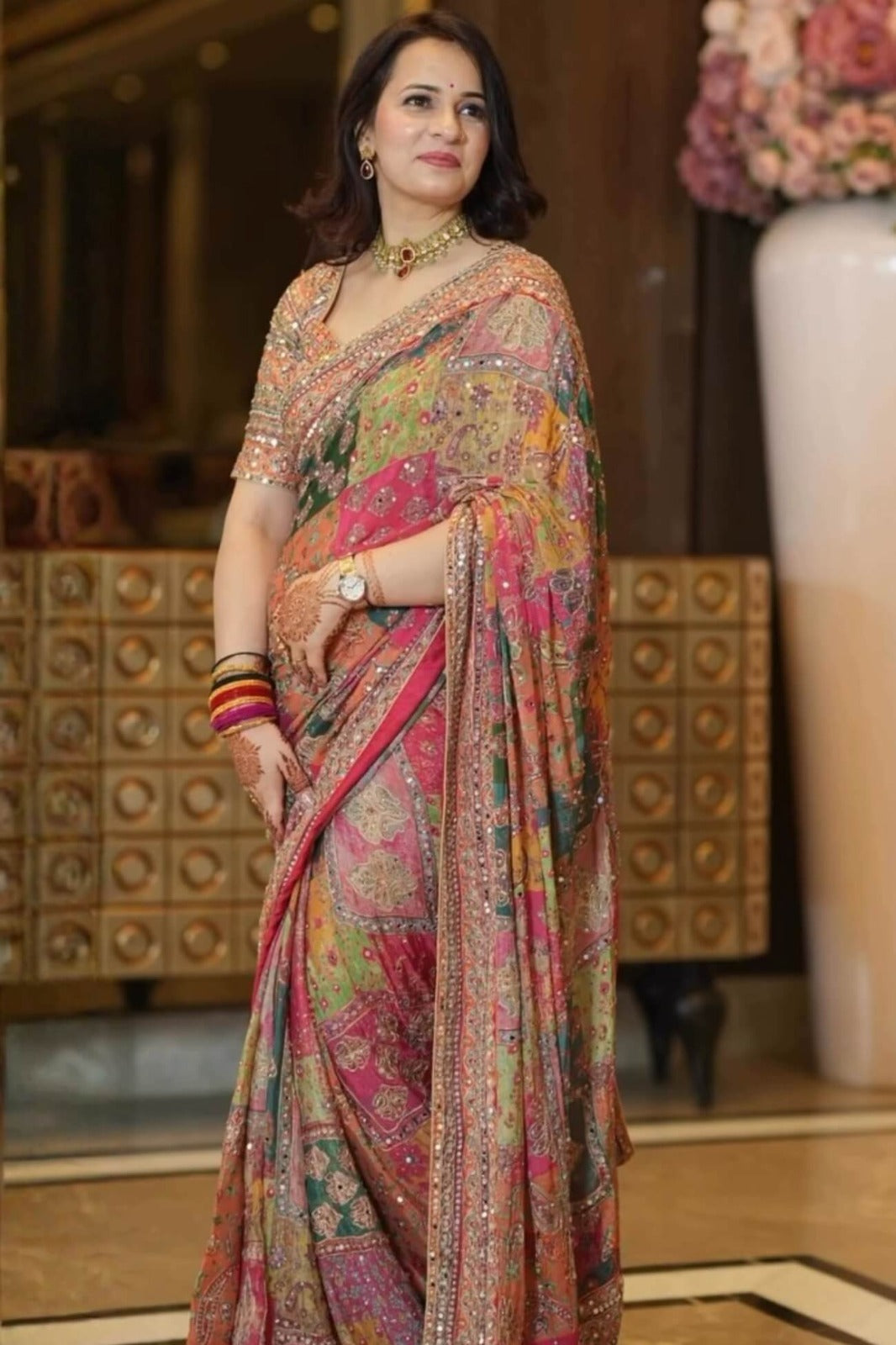 Premium Multicolor Chinon Silk Printed Mirror Work Designer Saree