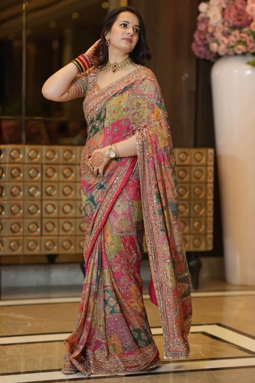 Premium Multicolor Chinon Silk Printed Mirror Work Designer Saree