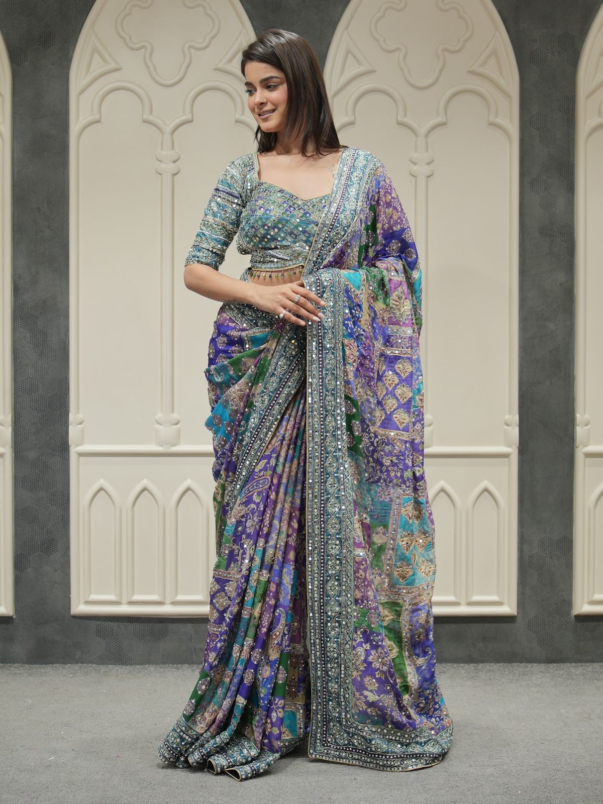 Divashree Premium Purple Chinon Silk Printed Mirror Work Designer Saree
