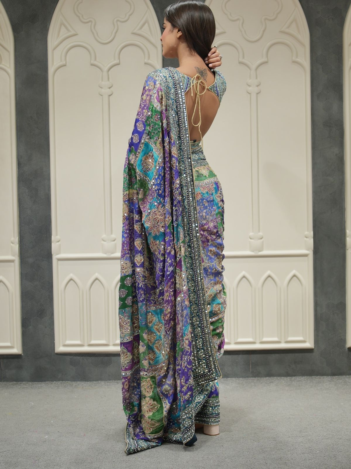 Divashree Premium Purple Chinon Silk Printed Mirror Work Designer Saree
