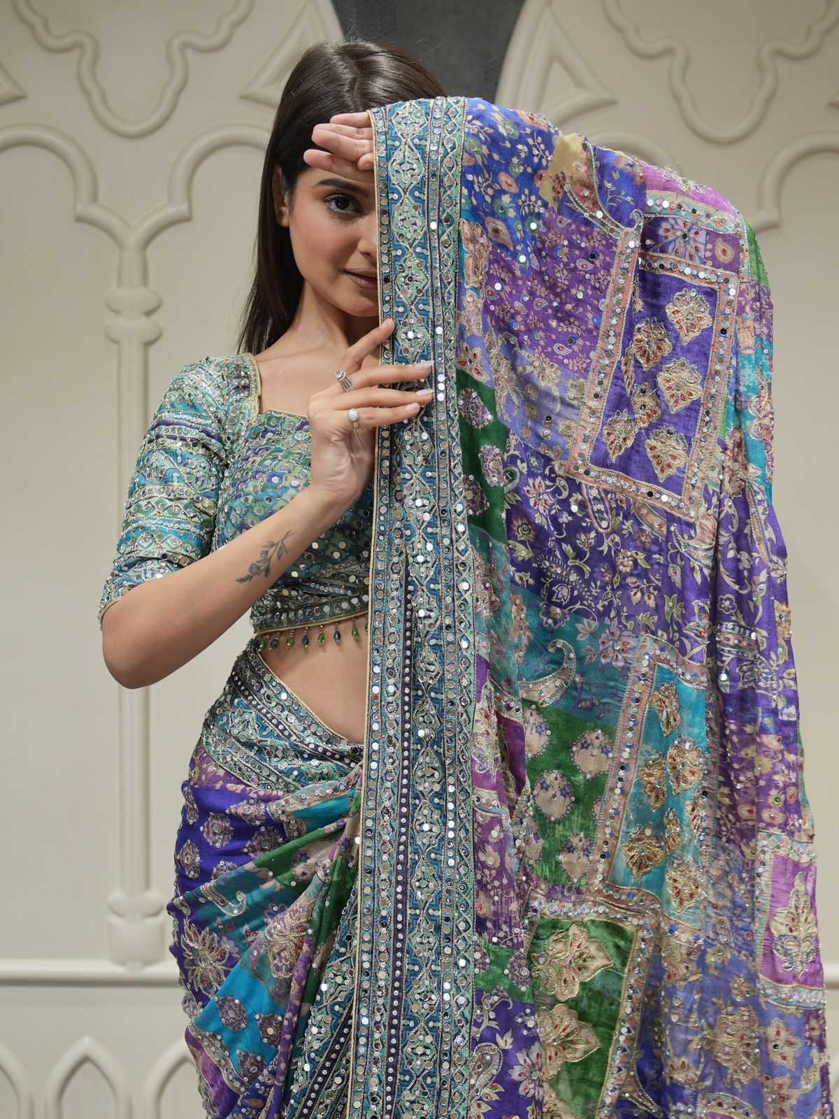 Divashree Premium Purple Chinon Silk Printed Mirror Work Designer Saree