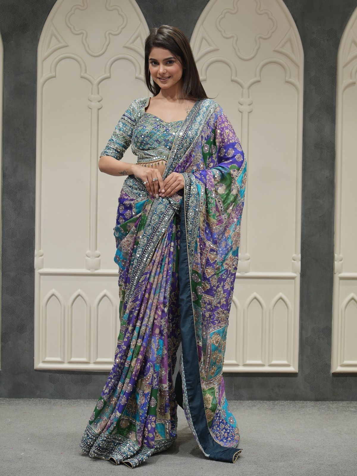 Divashree Premium Purple Chinon Silk Printed Mirror Work Designer Saree
