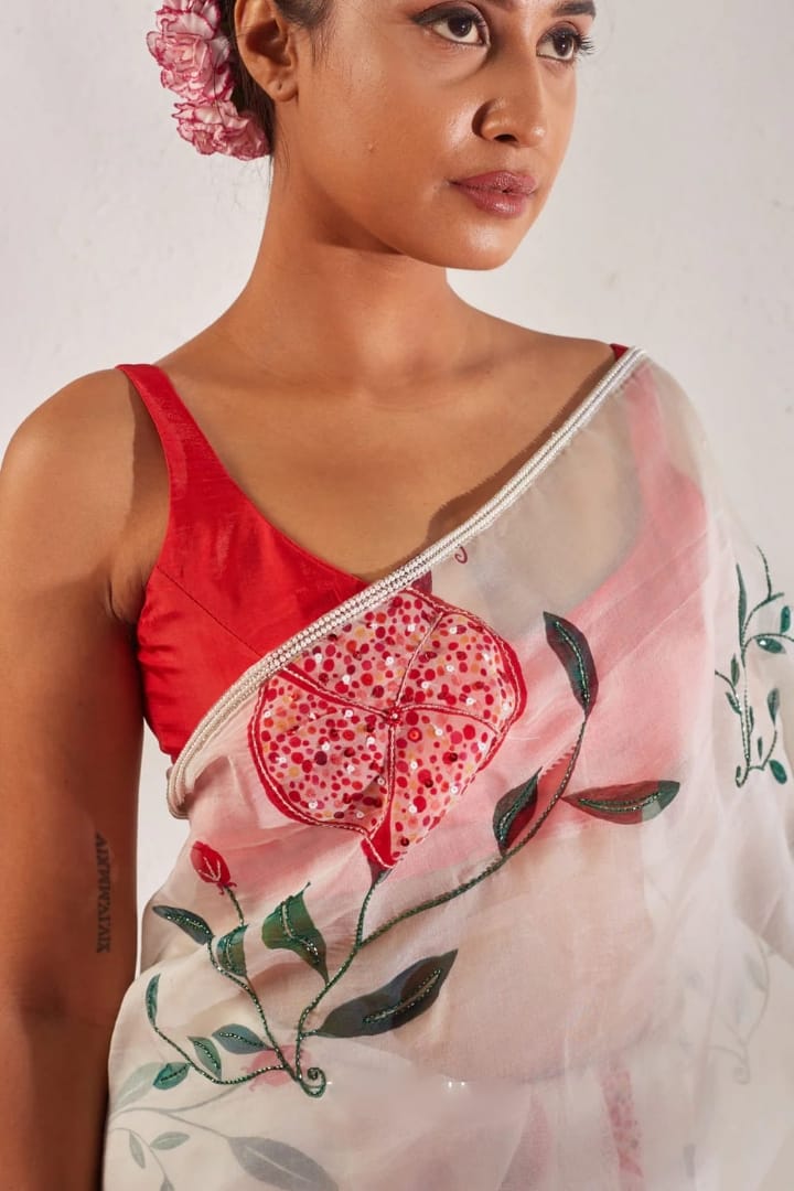 New One Minute Ready To Wear Soft Organza Silk Saree with Beautiful Hand Worked Moti  And Val Work With Same Handworked Stiched Blouse