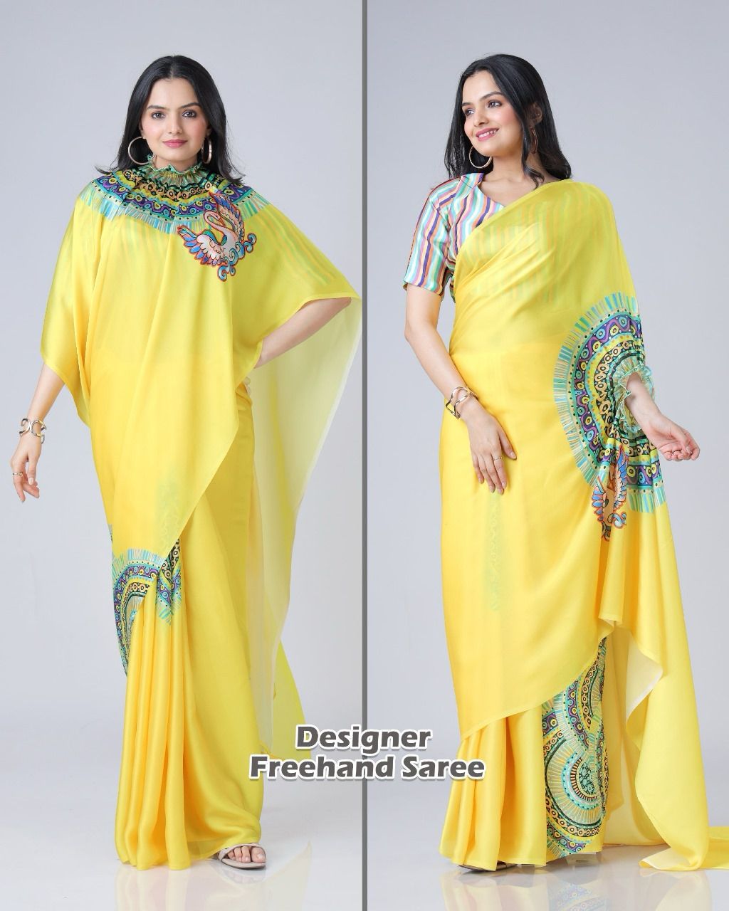 New One Minute Ready To Wear  Heavy Crepe Silk  Free Hand Saree With Beautiful Digital Print With Running Crepe Silk Unstiched Blouse Piece - Yellow
