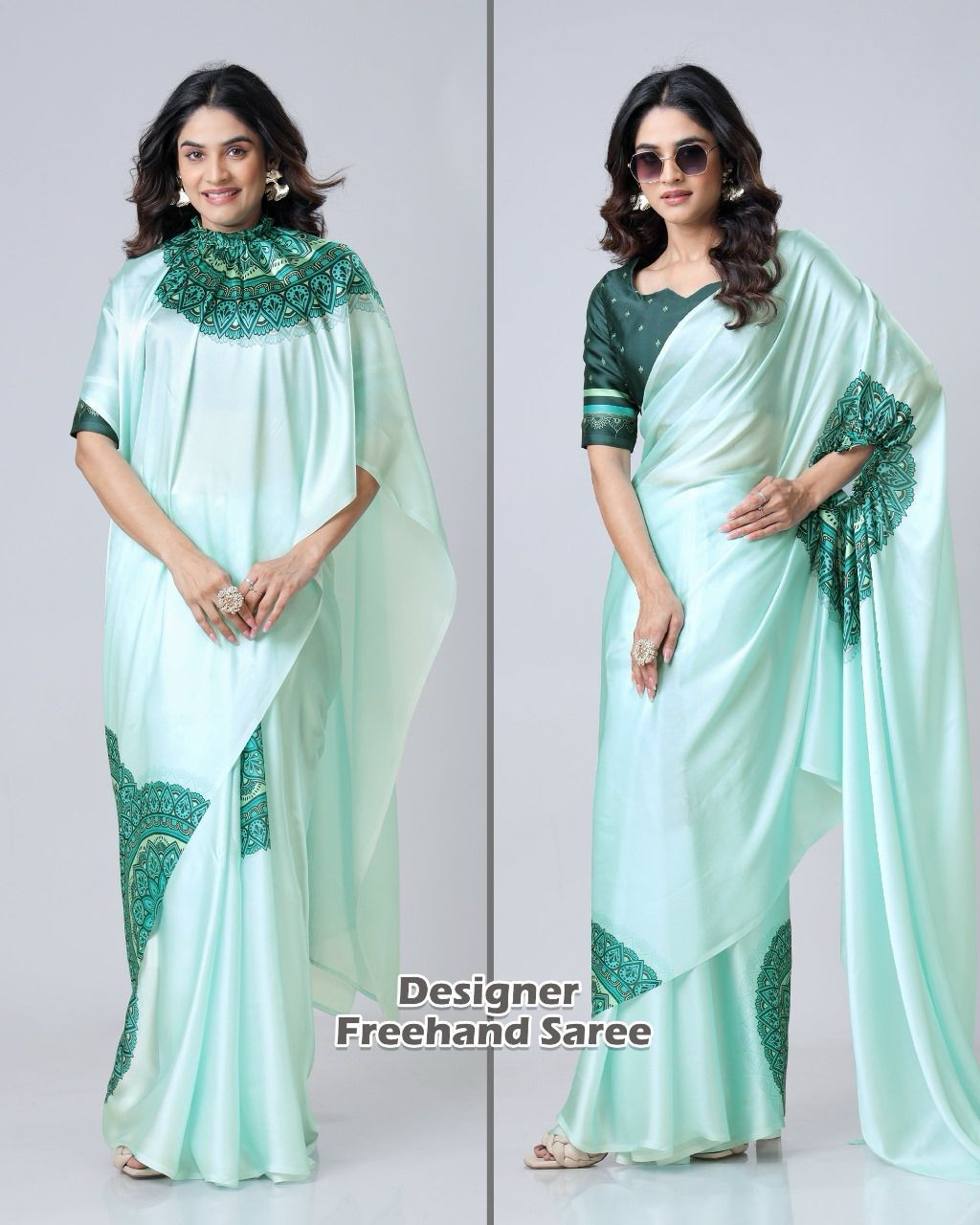 New One Minute Ready To Wear  Heavy Crepe Silk  Free Hand Saree With Beautiful Digital Printed With Running Crepe Silk Unstiched Blouse Piece - Pastel Green