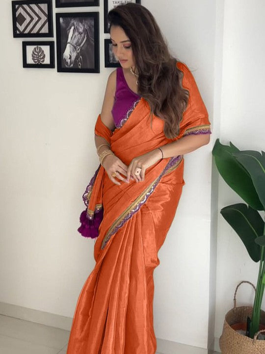 New designer Pure Errode Silk Orange Saree With Beautiful Embroidery Lace Border With Same Modeling Embroidery Sequence Lace Border Blouse Piece