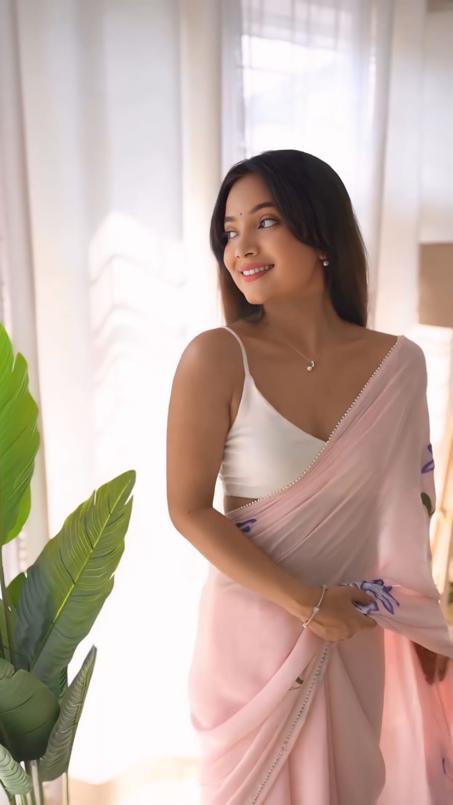 New One Minute Ready To Wear Pure Soft Georgette Silk Flower Designed Pink Saree With Same Model  Unstiched Blouse Piece