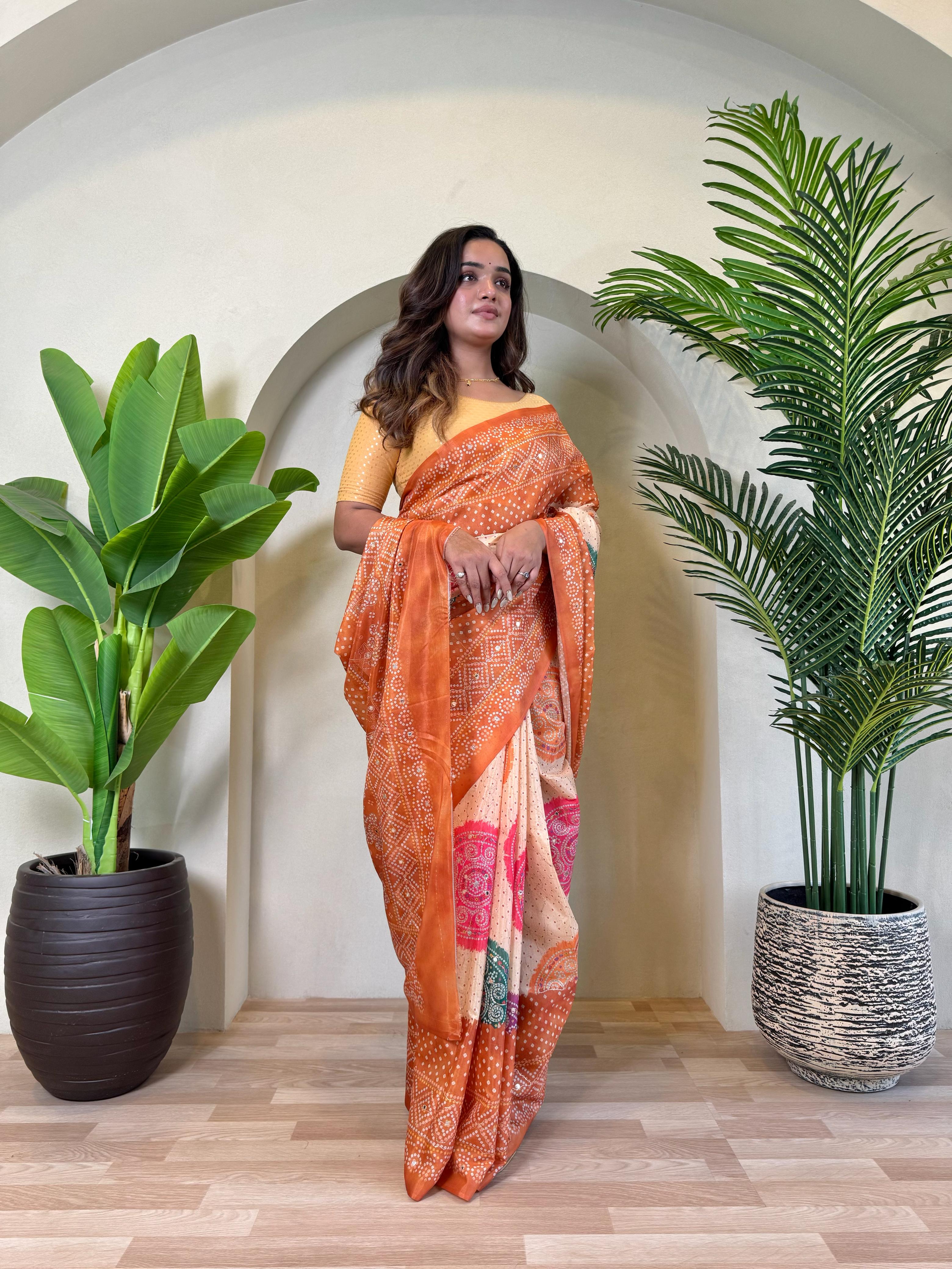 New Designer Tissue Silk Weaving Dual Orange Shade Saree With Contras Printed Embroidery Work Unstiched Blouse Piece