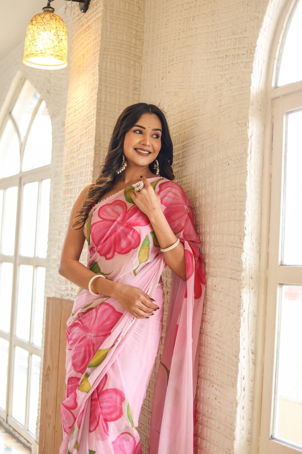 New One Minute Ready To Wear Pure Soft Georgette Silk Pink Flower Designed Saree With Same Model  Unstiched Blouse Piece