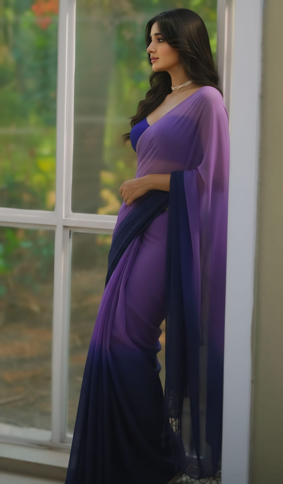 New Beautiful Purple and Navy Blue Ombre Georgette delicate Saree with unstitch Blouse